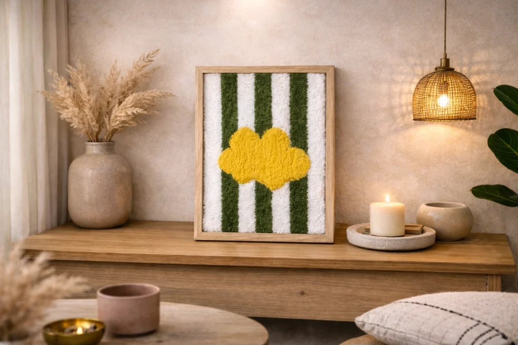 Tableau tufting rayures vert kaki et nuage jaune fait main dans atelier artistique premium à Marrakech – L’Atelier d’ESMA