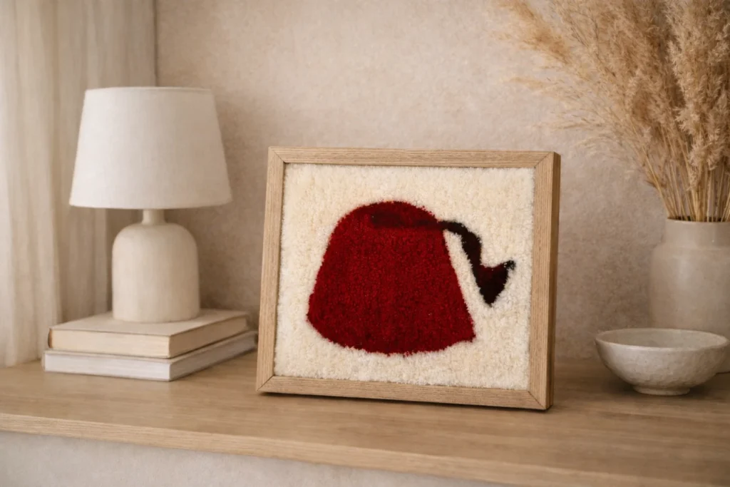 Tableau tufting tarbouche bordeaux fait main dans atelier artistique premium à Marrakech – L’Atelier d’ESMA